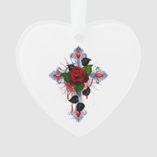 Silver Cross with a Red Rose Ornament