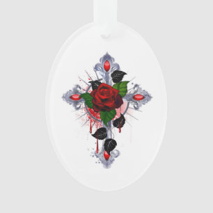 Silver Cross with a Red Rose Ornament