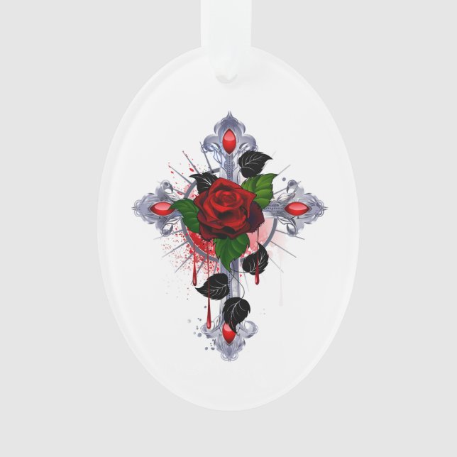 Silver Cross with a Red Rose Ornament (Front)