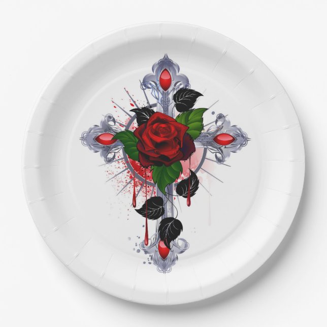 Silver Cross with a Red Rose Paper Plate (Front)