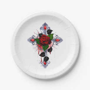 Silver Cross with a Red Rose Paper Plate