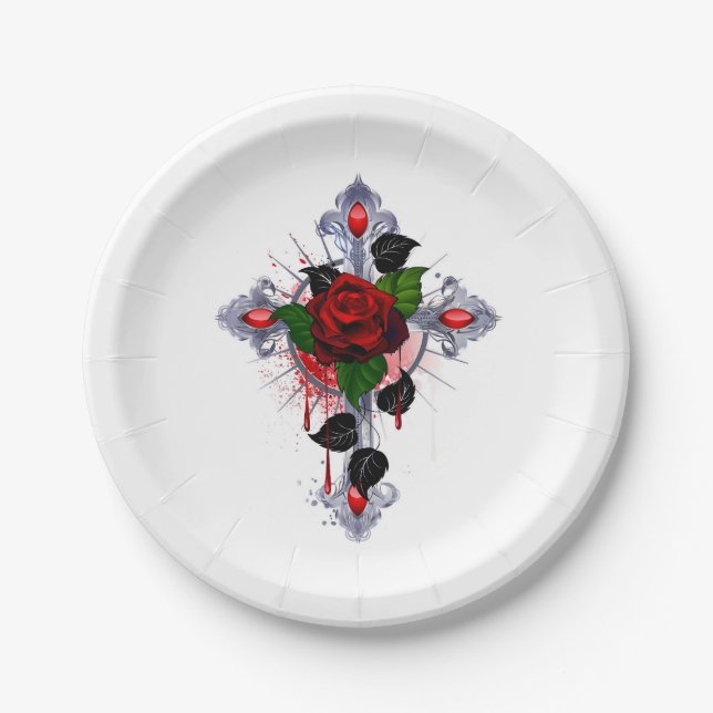 Silver Cross with a Red Rose Paper Plate (Front)