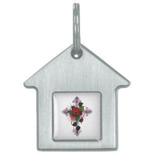 Silver Cross with a Red Rose Pet ID Tag