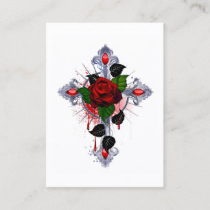 Silver Cross with a Red Rose Place Card