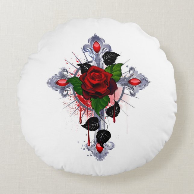 Silver Cross with a Red Rose Round Cushion (Front)