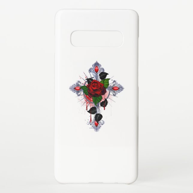 Silver Cross with a Red Rose Samsung Galaxy Case (Back)