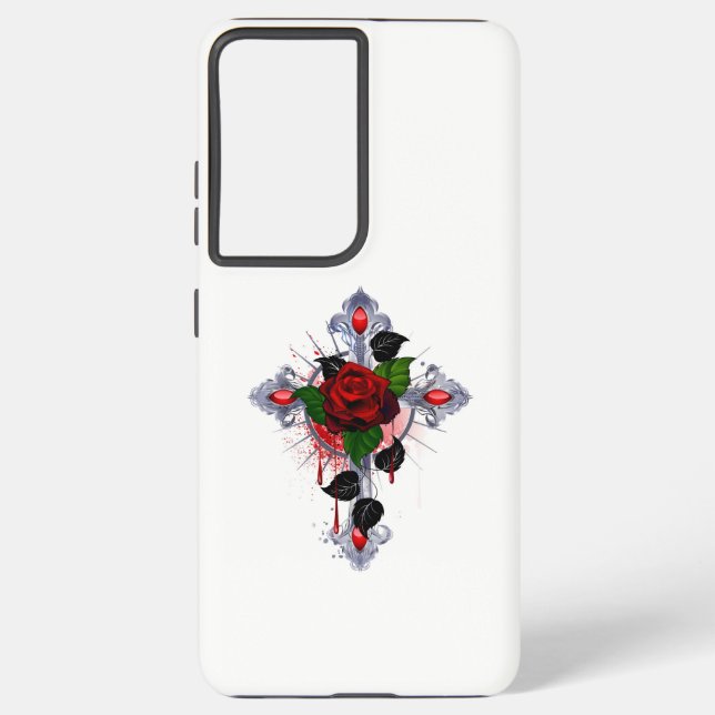 Silver Cross with a Red Rose Samsung Galaxy S21+ Case (Back)