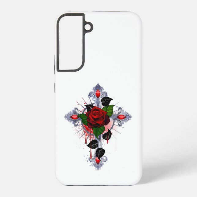Silver Cross with a Red Rose Samsung Galaxy S22+ Case (Back)