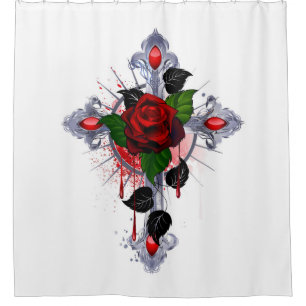 Silver Cross with a Red Rose Shower Curtain