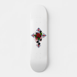 Silver Cross with a Red Rose Skateboard