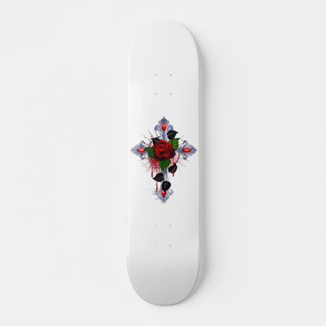 Silver Cross with a Red Rose Skateboard (Front)