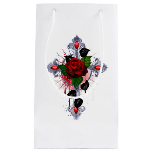 Silver Cross with a Red Rose Small Gift Bag