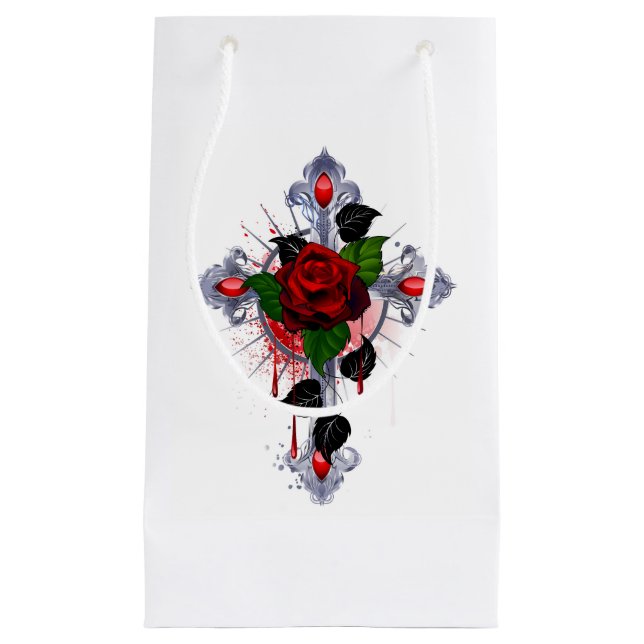 Silver Cross with a Red Rose Small Gift Bag (Front)