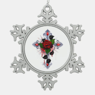 Silver Cross with a Red Rose Snowflake Pewter Christmas Ornament