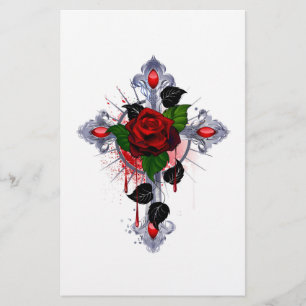 Silver Cross with a Red Rose Stationery