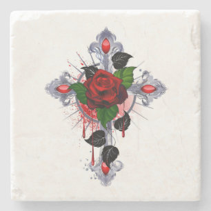 Silver Cross with a Red Rose Stone Coaster