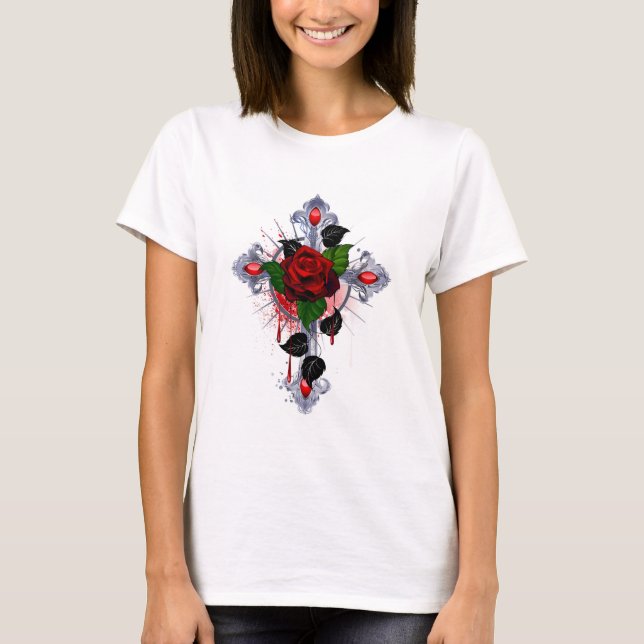 Silver Cross with a Red Rose T-Shirt (Front)