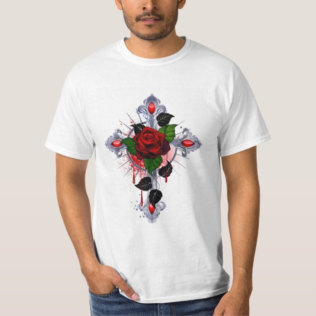 Silver Cross with a Red Rose T-Shirt (Front)