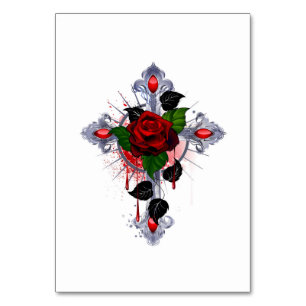Silver Cross with a Red Rose Table Number