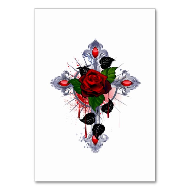 Silver Cross with a Red Rose Table Number (Front)