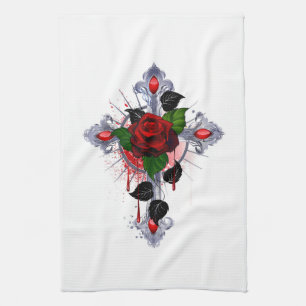 Silver Cross with a Red Rose Tea Towel