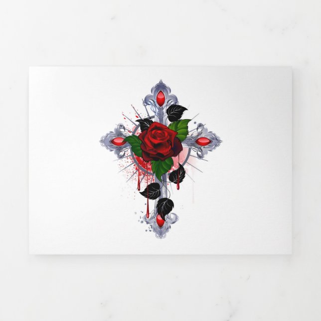 Silver Cross with a Red Rose Tri-Fold Programme (Cover)