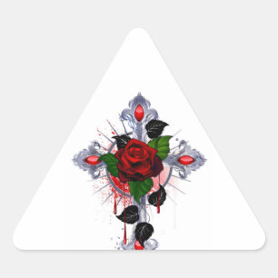 Silver Cross with a Red Rose Triangle Sticker