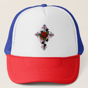Silver Cross with a Red Rose Trucker Hat