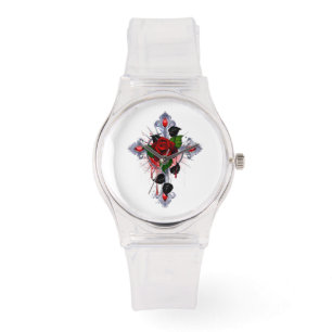 Silver Cross with a Red Rose Watch