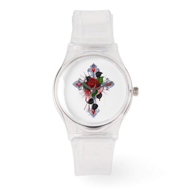 Silver Cross with a Red Rose Watch (Front)