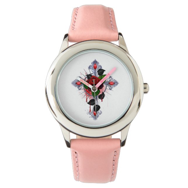 Silver Cross with a Red Rose Watch (Front)