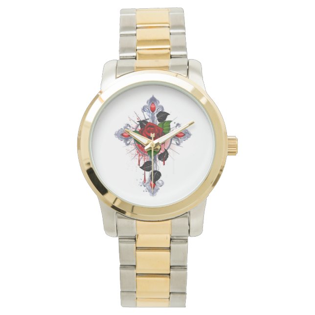 Silver Cross with a Red Rose Watch (Front)