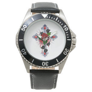 Silver Cross with a Red Rose Watch