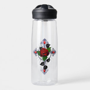 Silver Cross with a Red Rose Water Bottle