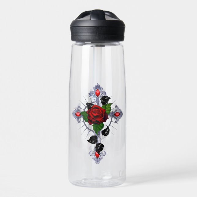 Silver Cross with a Red Rose Water Bottle (Front)