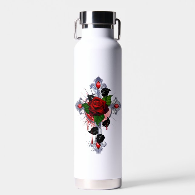 Silver Cross with a Red Rose Water Bottle (Front)