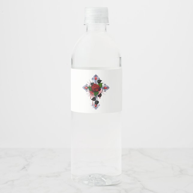 Silver Cross with a Red Rose Water Bottle Label (Front)