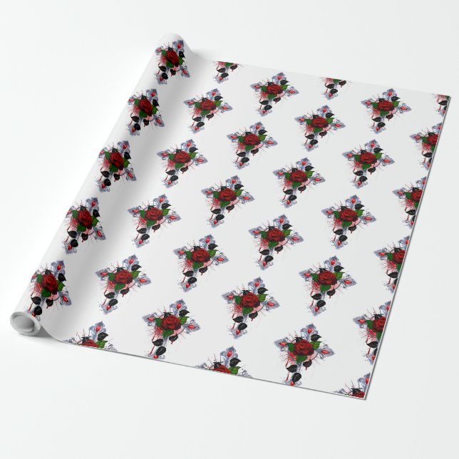 Silver Cross with a Red Rose Wrapping Paper (Unrolled)
