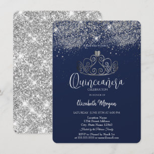 Silver Crown Glitter Confetti  Blue Quinceañera   Invitation