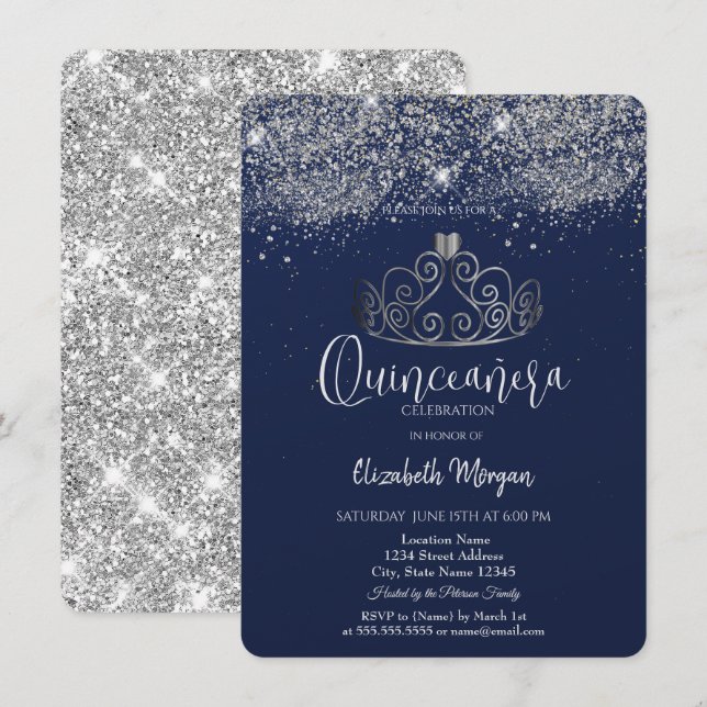 Silver Crown Glitter Confetti  Blue Quinceañera   Invitation (Front/Back)