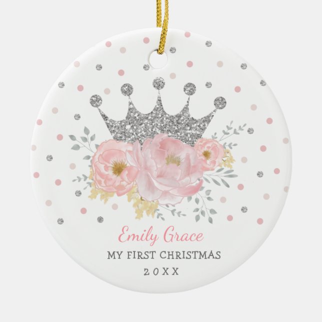 Silver Crown Princess Baby First 1st Christmas Ceramic Ornament (Front)