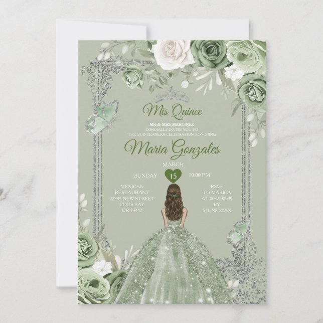 Silver Crown Sage Green Floral Mis Quince 15 Anos Invitation (Front)