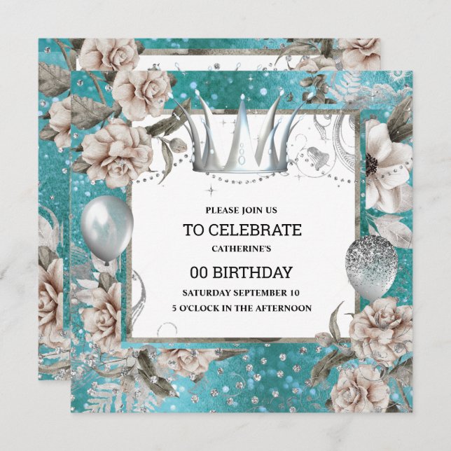 Silver crown shabby chic floral glitter turquoise invitation (Front/Back)