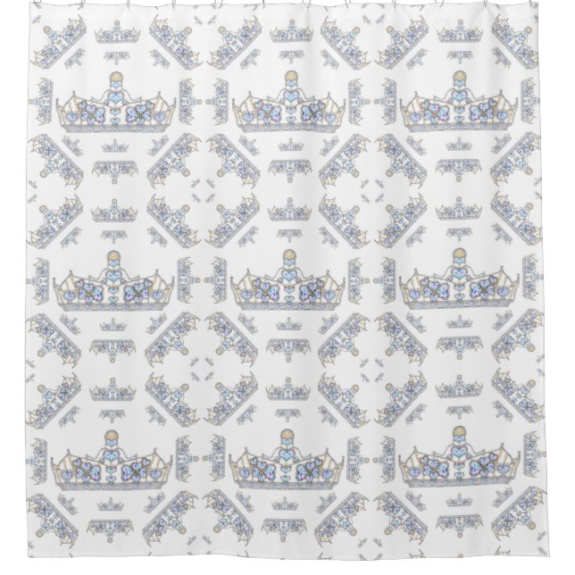 Silver Crowns Heart Diamonds Pearls Pattern White Shower Curtain (Front)