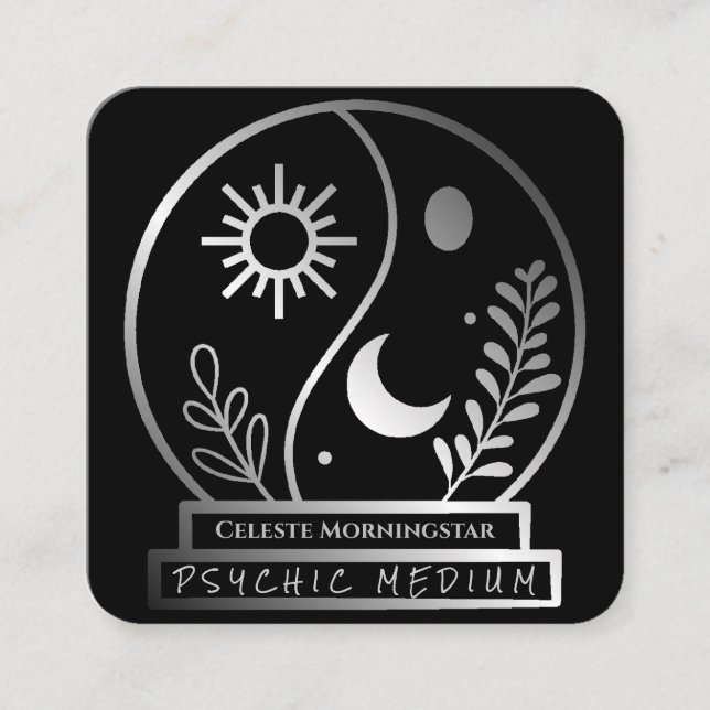 Silver Crystal Ball Psychic Medium Moon Sun Square Business Card (Front)