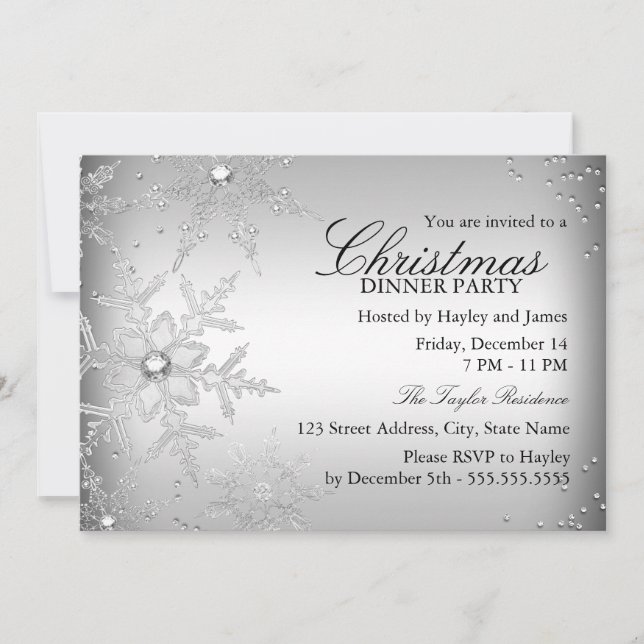 Silver Crystal Snowflake Christmas Dinner Party Invitation (Front)