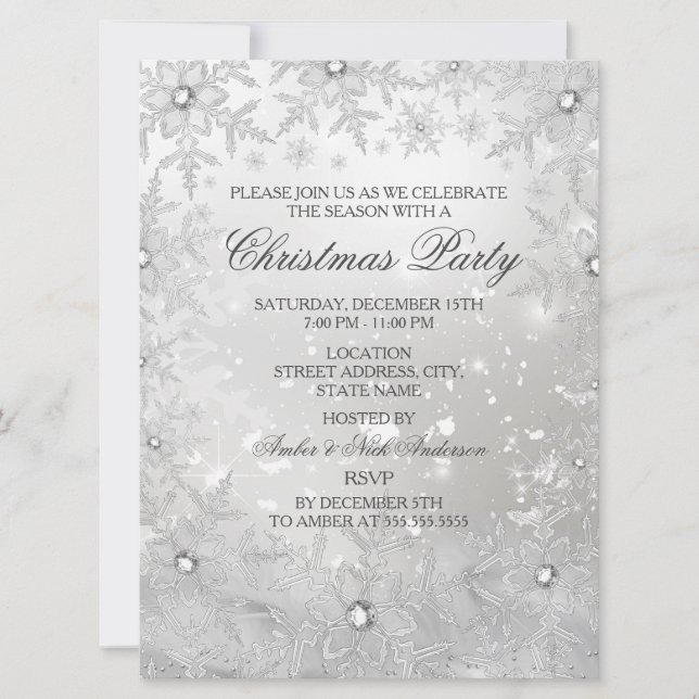 Silver Crystal Snowflake Christmas Party Invite (Front)