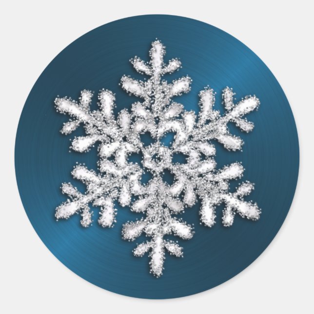 Silver Crystal Snowflake on Teal Classic Round Sticker (Front)