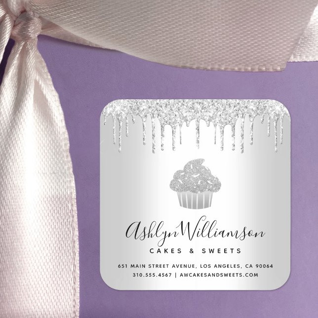 Silver Cupcake Bakery Pastry Chef Glitter Drips Square Sticker (Creator Uploaded)