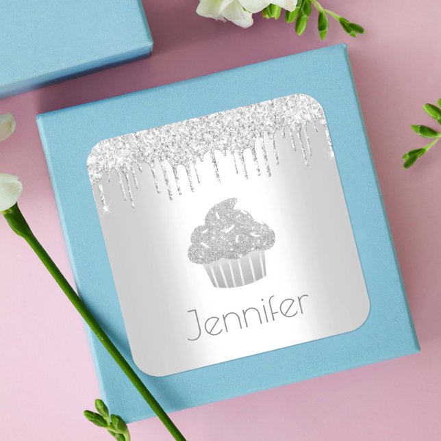Silver cupcake glitter drips chic elegant name square sticker (Creator Uploaded)